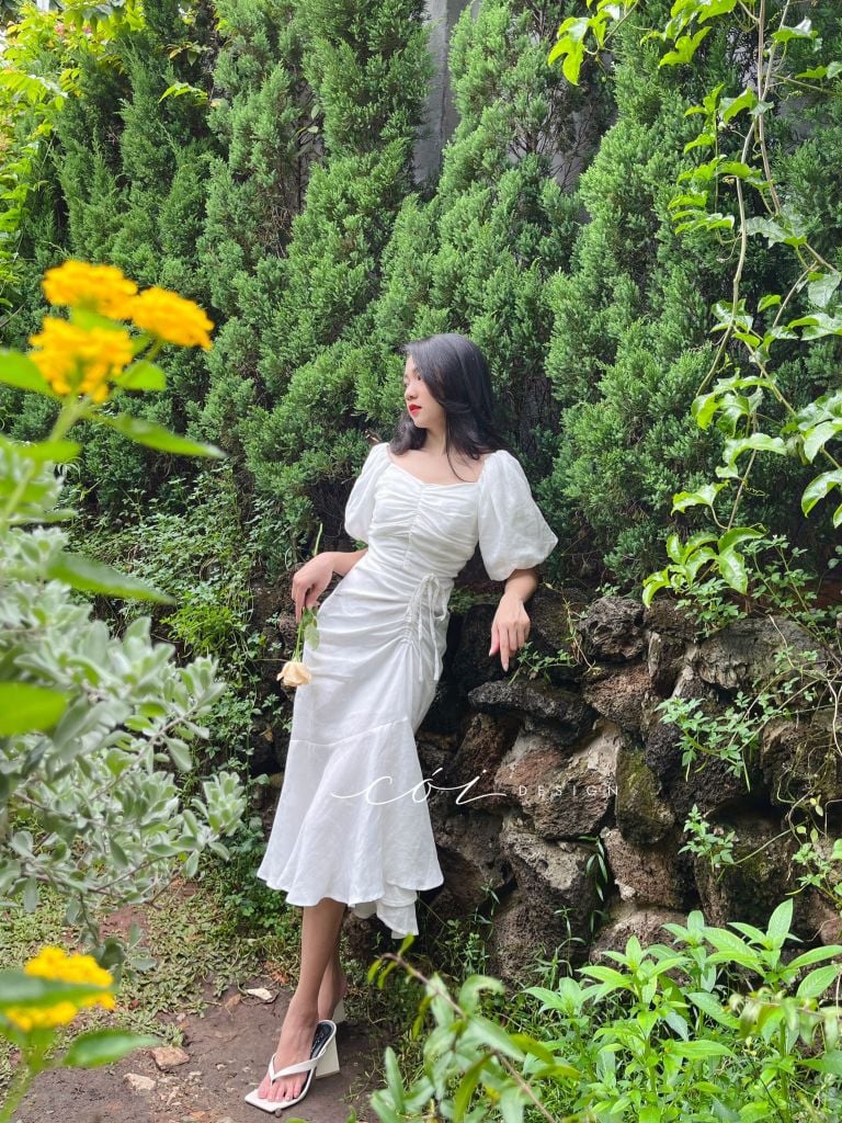 Đầm linen nhún ngực rút dây Cói Design