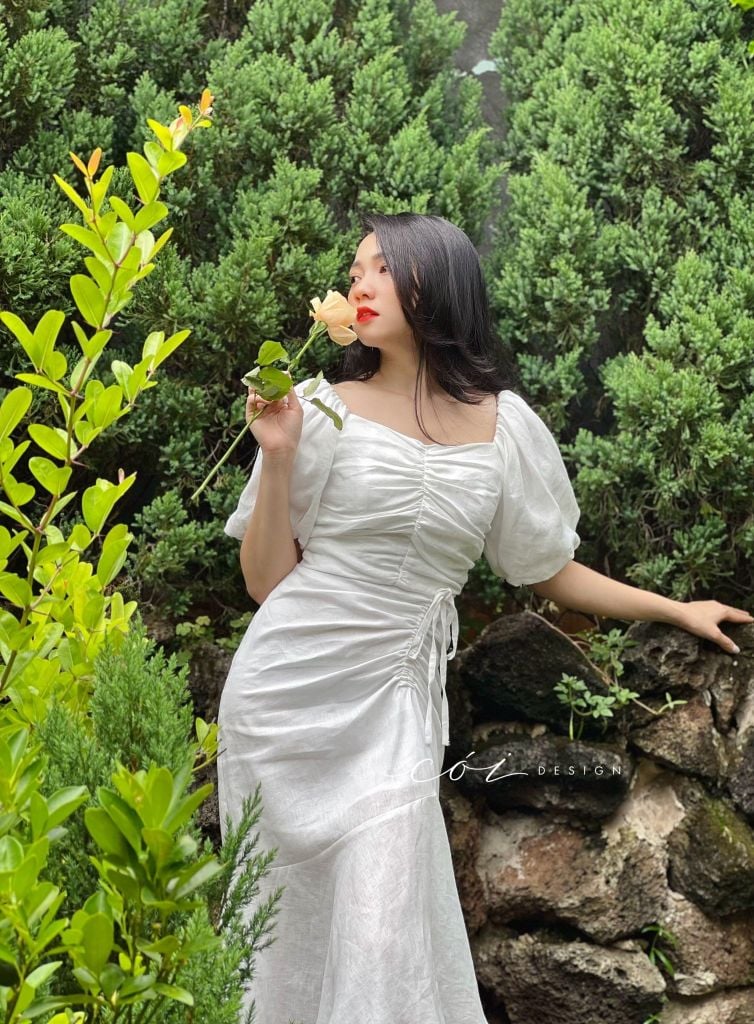 Đầm linen nhún ngực rút dây Cói Design