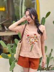 Áo cổ tròn thêu bó hoa Linen tưng premium Cói Design