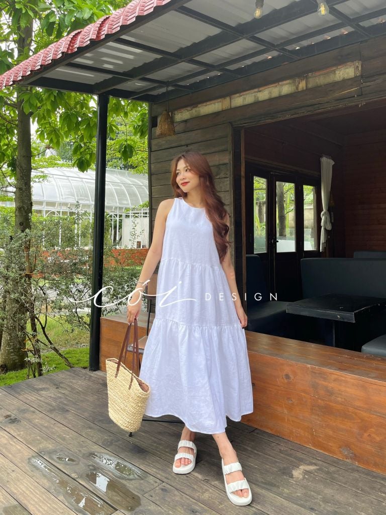 Đầm sát nách trơn tầng Linen tưng premium Cói Design