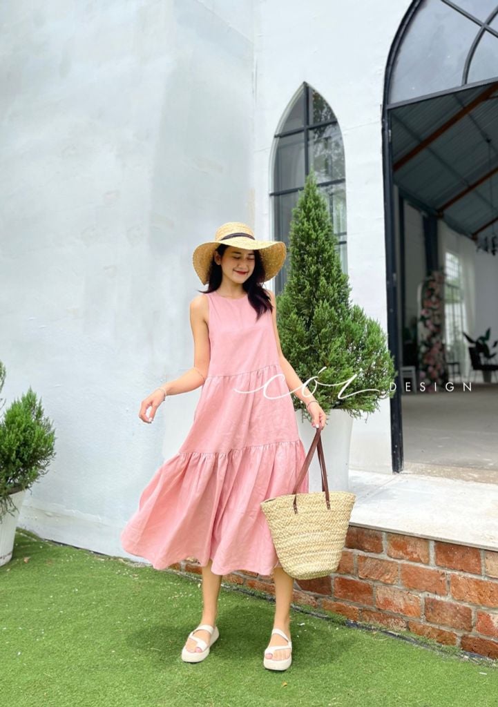 Đầm sát nách trơn tầng Linen tưng premium Cói Design