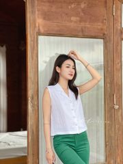 Áo sát nách nút bọc Linen tưng premium Cói Design