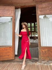 Đầm bẹt vai xẻ tà Linen tưng premium Cói Design