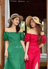 Đầm bẹt vai xẻ tà Linen tưng premium Cói Design