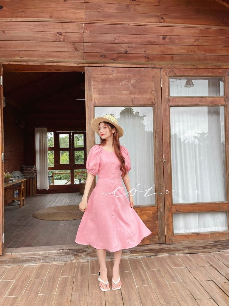 Đầm linen nút bọc tay phồng Cói Design