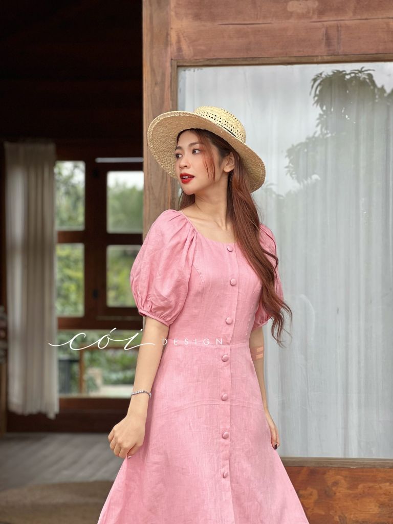 Đầm linen nút bọc tay phồng Cói Design