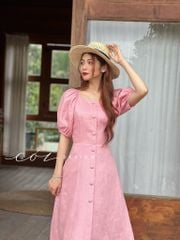 Đầm linen nút bọc tay phồng Cói Design