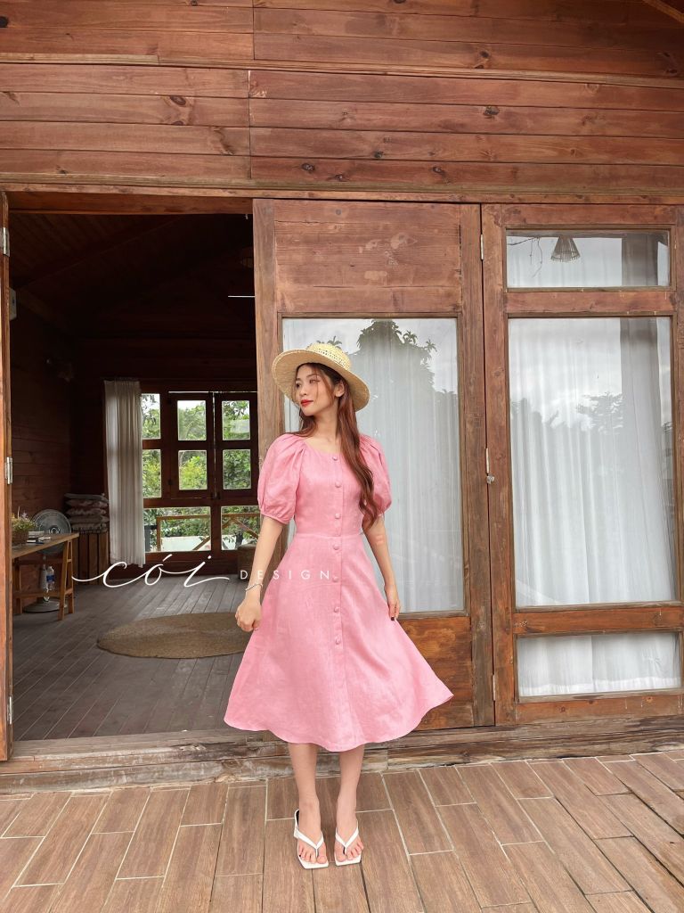 Đầm linen nút bọc tay phồng Cói Design