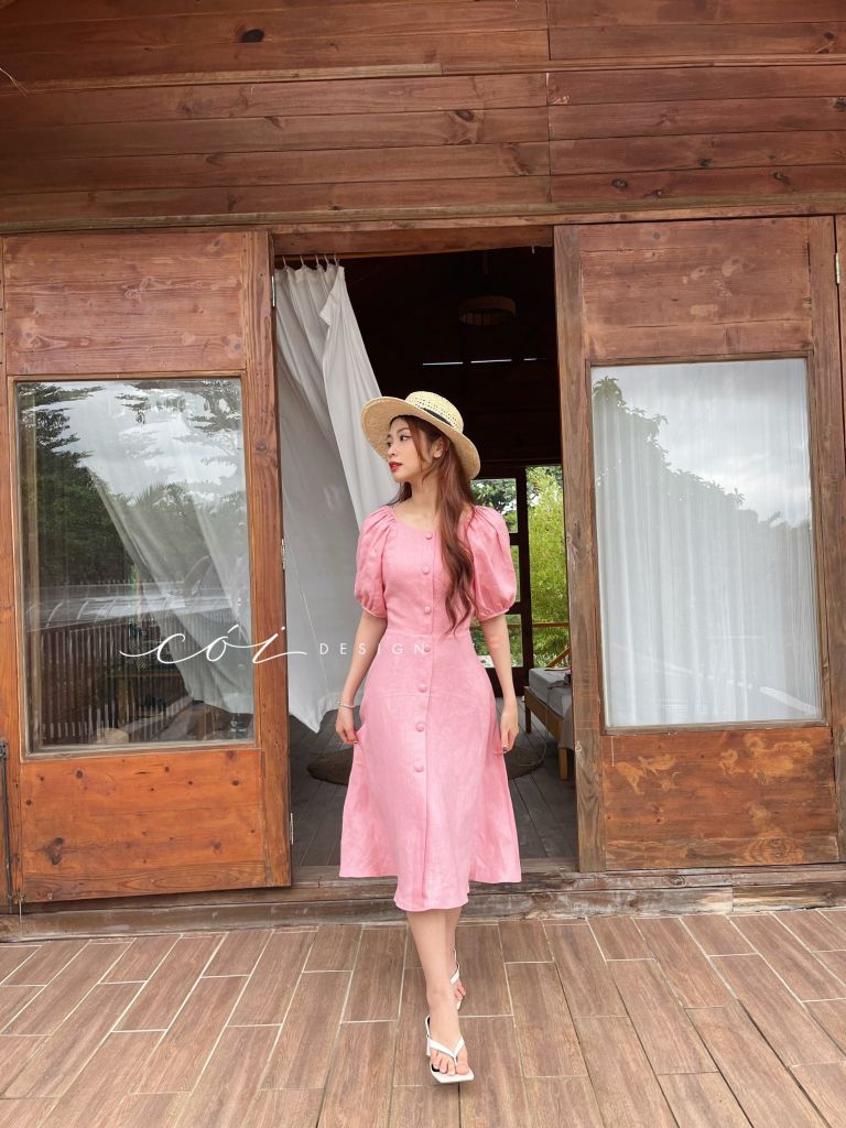 Đầm linen nút bọc tay phồng Cói Design