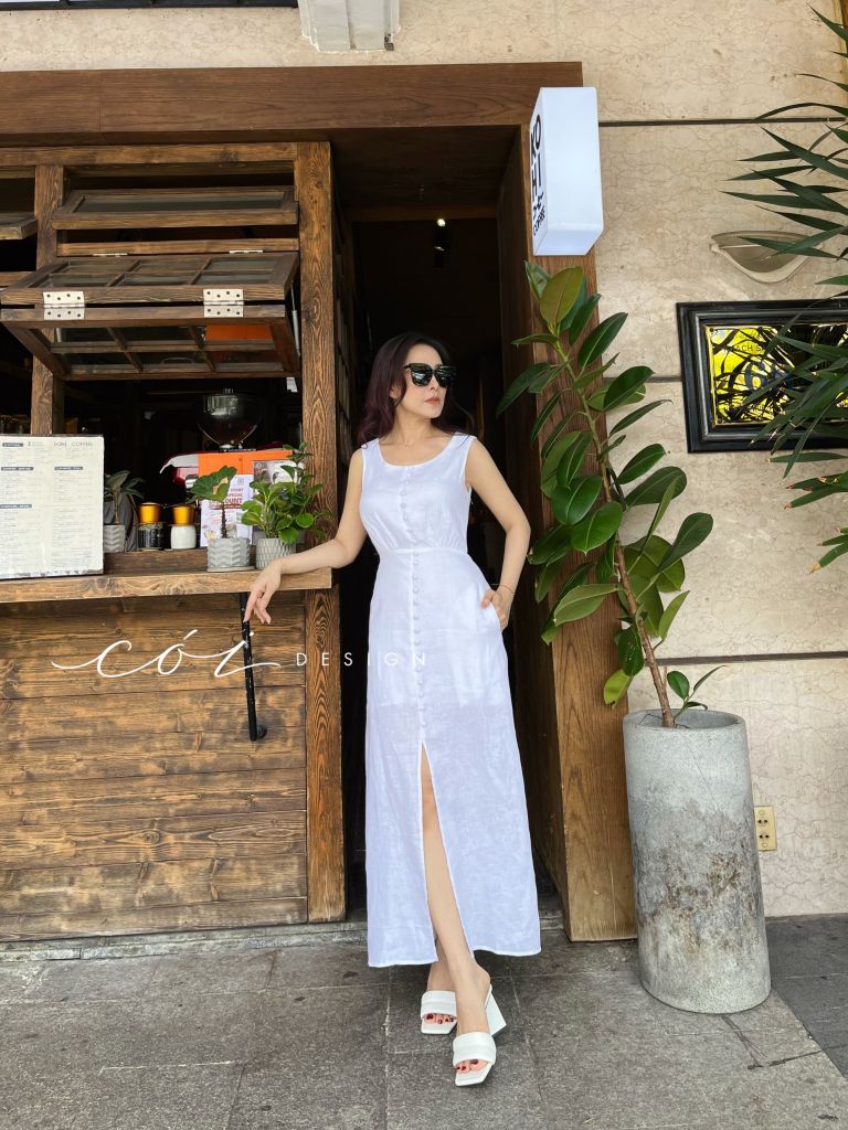 Đầm nút bọc sát nách Linen tưng premium Cói Design