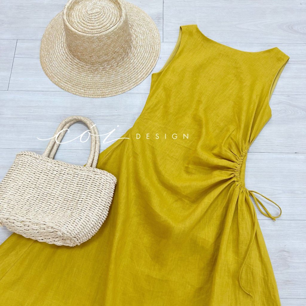 Đầm linen rút túi sát nách Cói Design