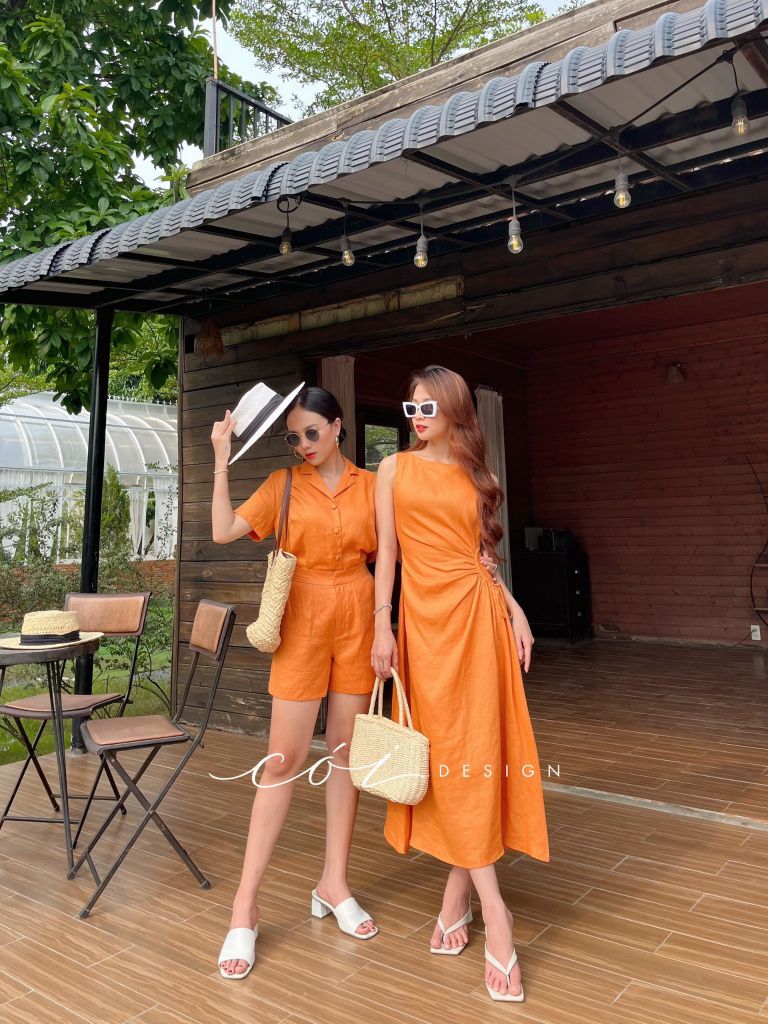 Đầm linen rút túi sát nách Cói Design