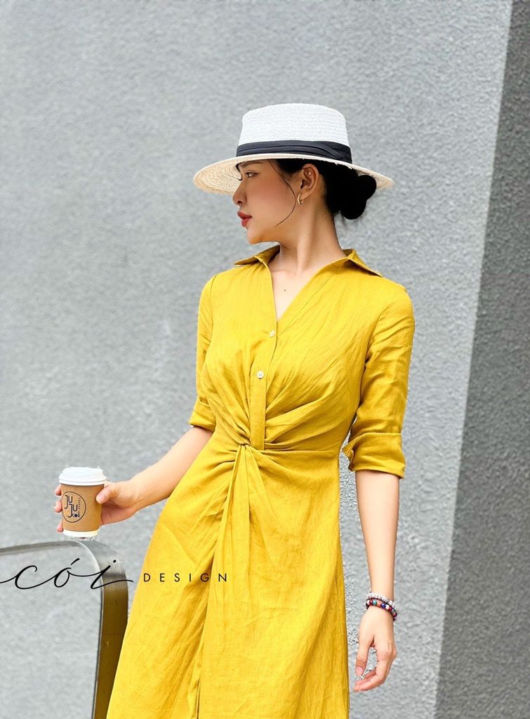 Đầm sơ mi xoắn eo linen Cói Design