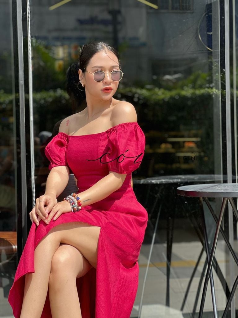 Đầm bẹt vai xẻ tà Linen tưng premium Cói Design