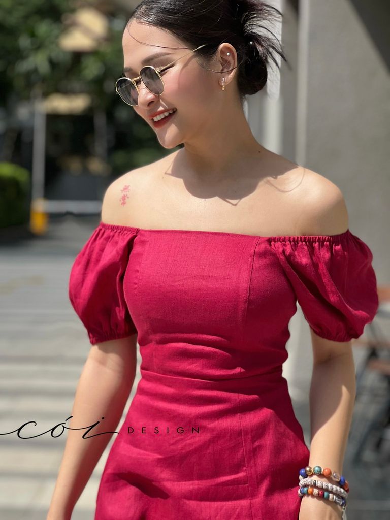 Đầm bẹt vai xẻ tà Linen tưng premium Cói Design