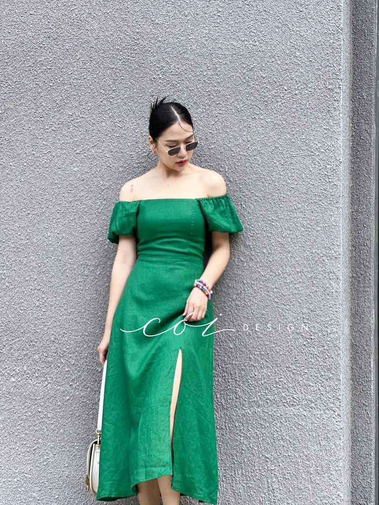 Đầm bẹt vai xẻ tà Linen tưng premium Cói Design