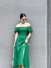 Đầm bẹt vai xẻ tà Linen tưng premium Cói Design