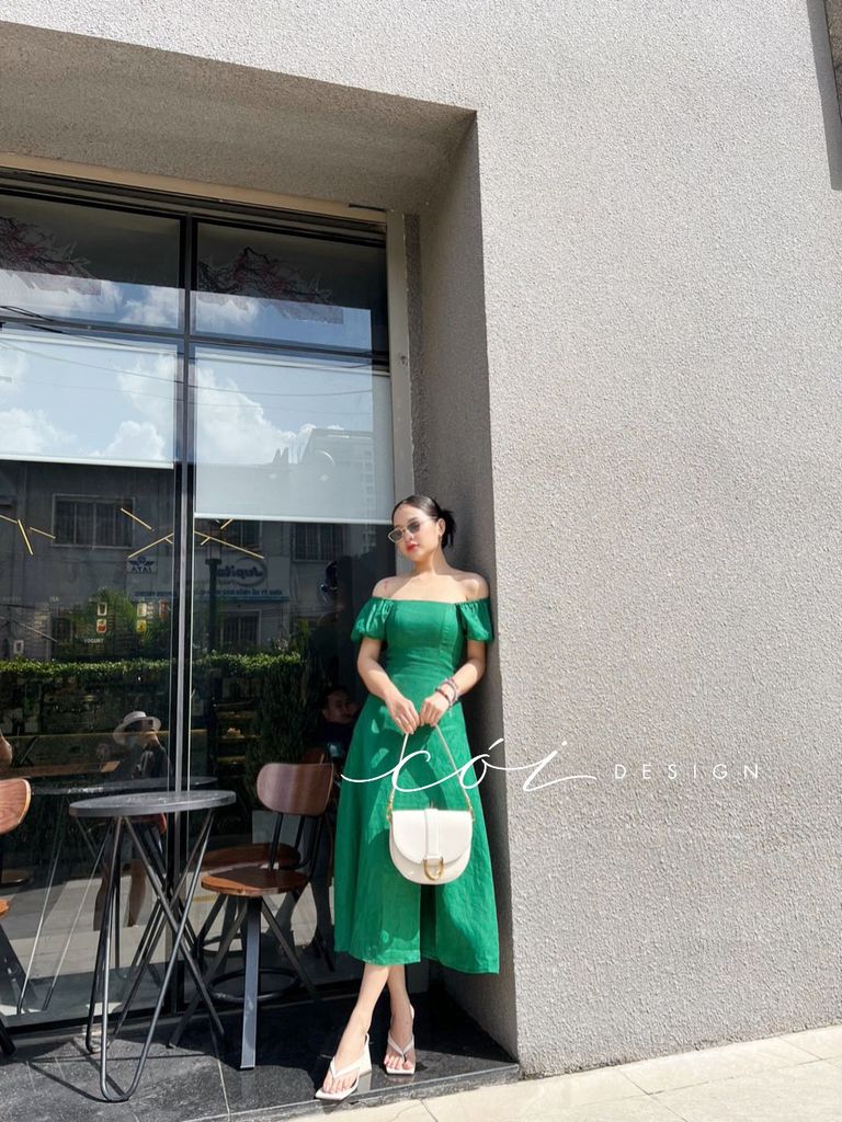 Đầm bẹt vai xẻ tà Linen tưng premium Cói Design