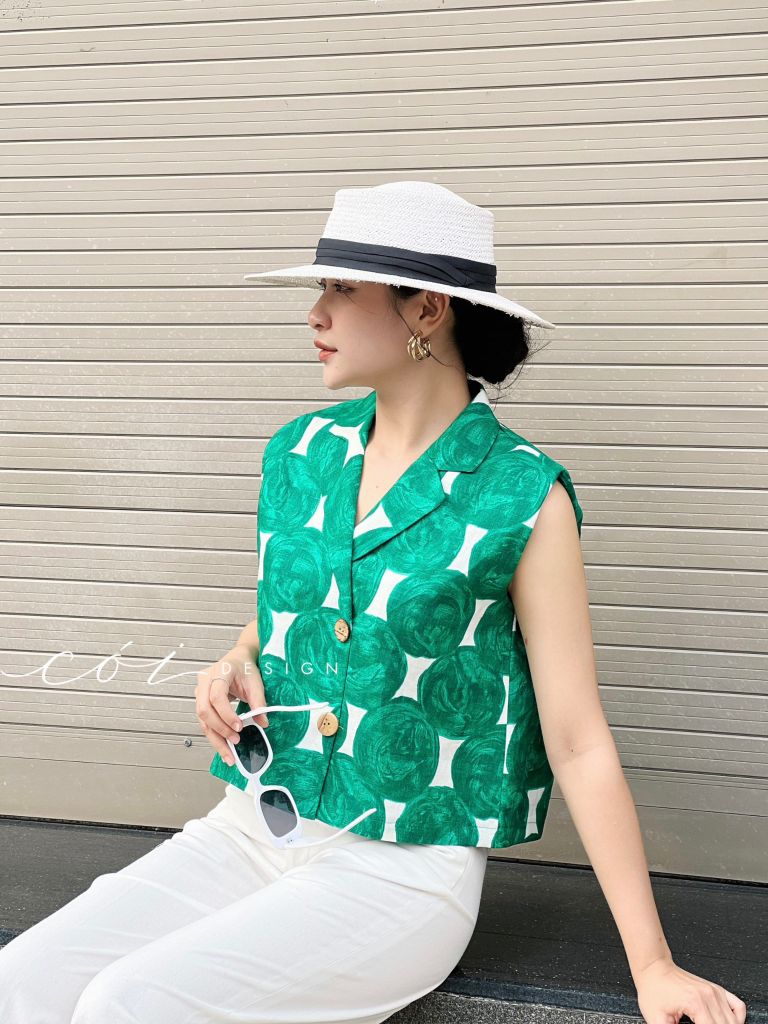Áo linen danton sát nách họa tiết Cói Deisgn