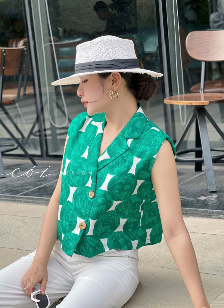 Áo linen danton sát nách họa tiết Cói Deisgn