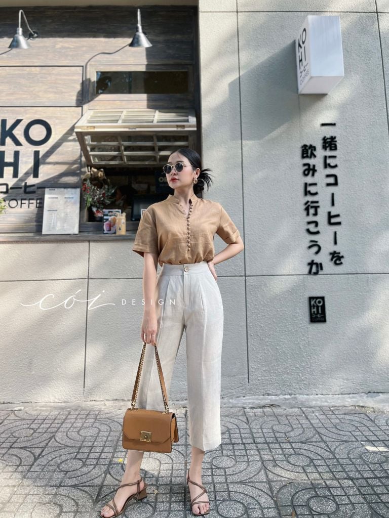 Áo cổ trụ tay ngắn nút bọc Cói Design