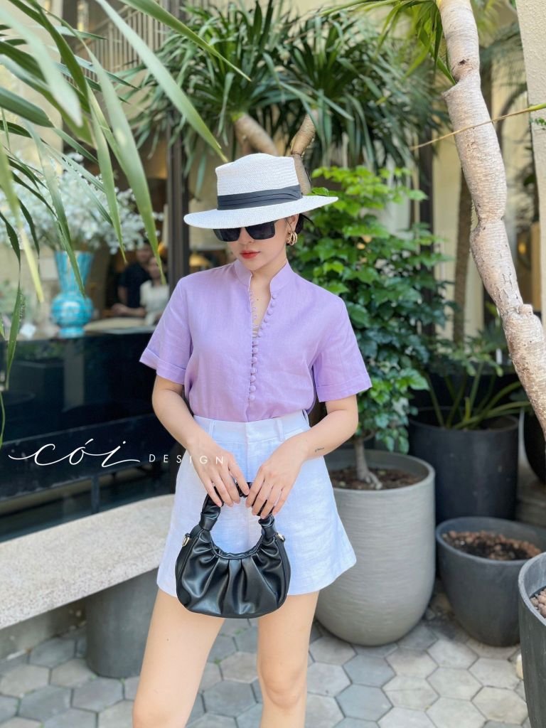 Áo cổ trụ tay ngắn nút bọc Linen tưng premium Cói Design