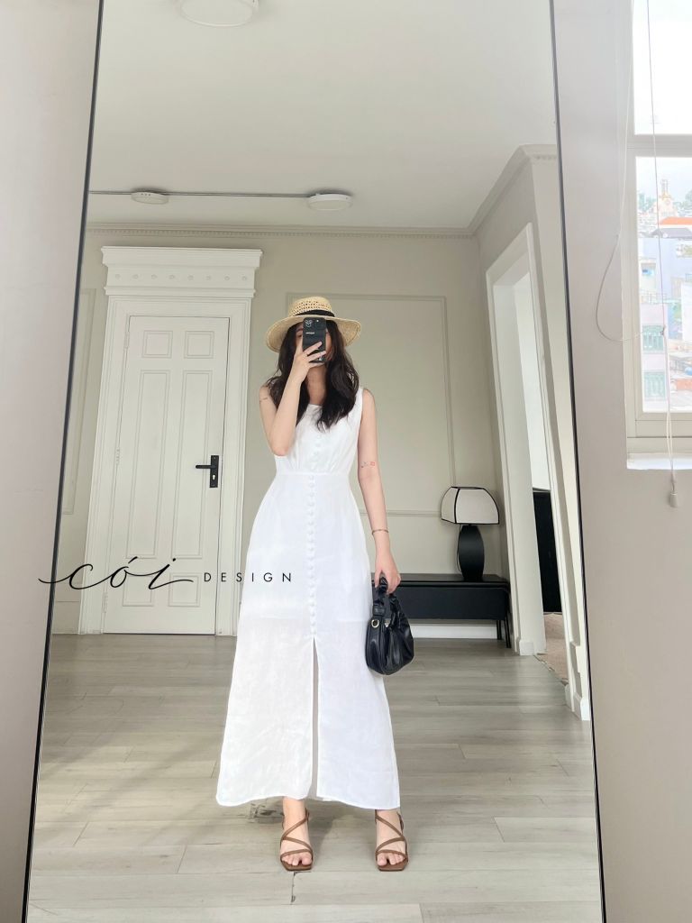 Đầm nút bọc sát nách Linen tưng premium Cói Design