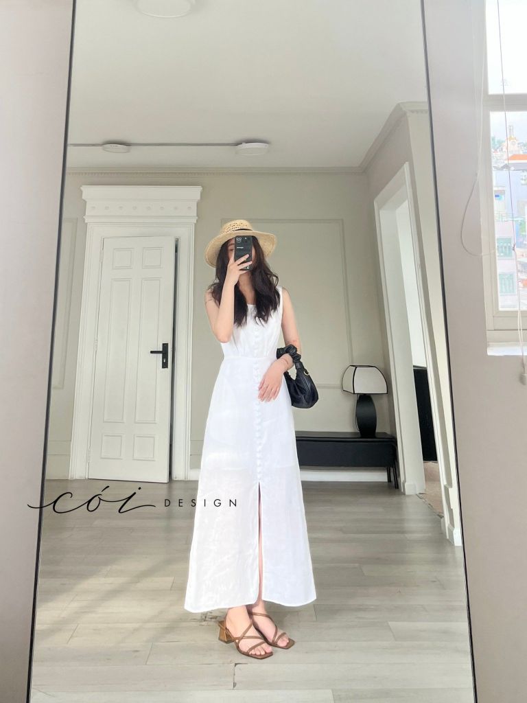 Đầm nút bọc sát nách Linen tưng premium Cói Design