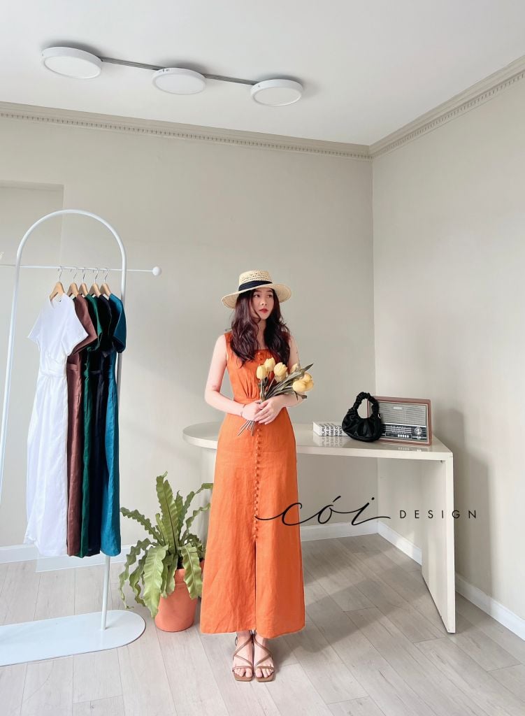 Đầm nút bọc sát nách Linen tưng premium Cói Design