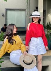 Áo nút bọc xẻ vai linen tưng premium Cói Design