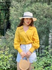 Áo sơ mi tay phồng cổ tim nút bọc Linen tưng premium Cói Design