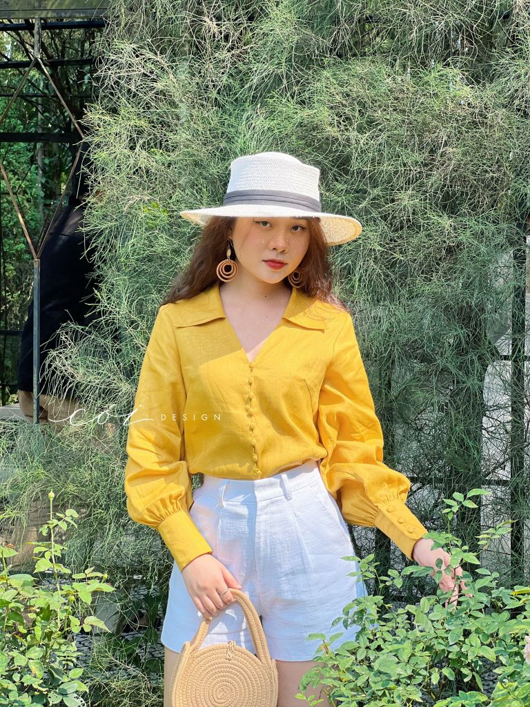 Áo sơ mi tay phồng cổ tim nút bọc Linen tưng premium Cói Design