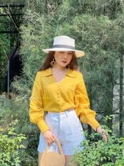 Áo sơ mi tay phồng cổ tim nút bọc Linen tưng premium Cói Design