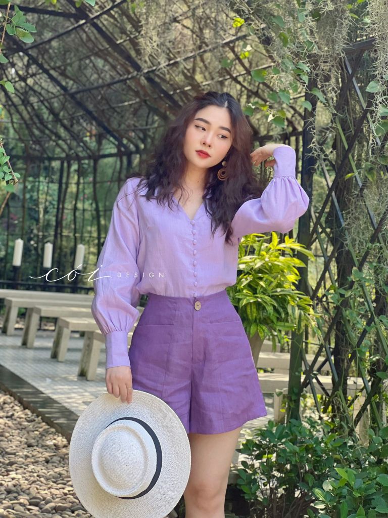 Áo sơ mi tay phồng cổ tim nút bọc Linen tưng premium Cói Design