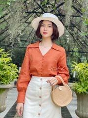 Áo sơ mi tay phồng cổ tim nút bọc Linen tưng premium Cói Design