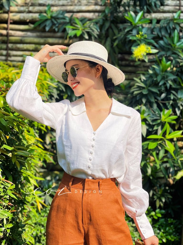 Áo sơ mi tay phồng cổ tim nút bọc Linen tưng premium Cói Design