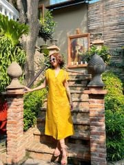 Đầm cổ trụ nút bọc Linen tưng premium Cói Design