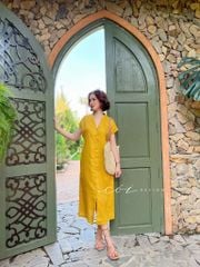 Đầm cổ trụ nút bọc Linen tưng premium Cói Design