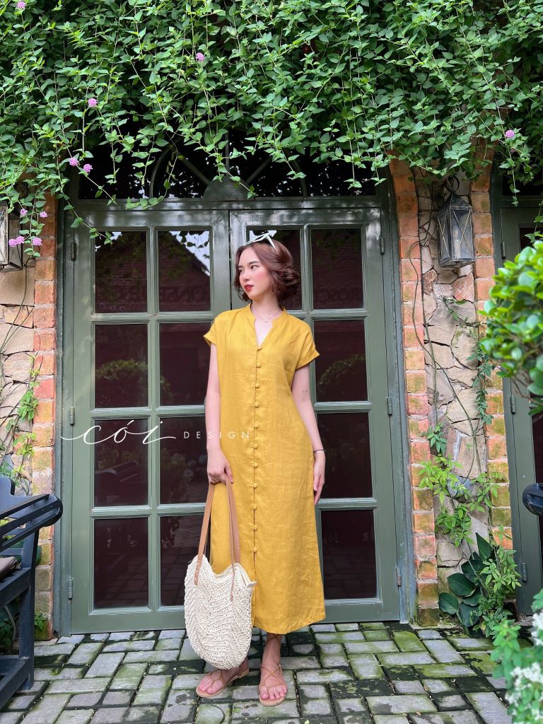 Đầm cổ trụ nút bọc Linen tưng premium Cói Design