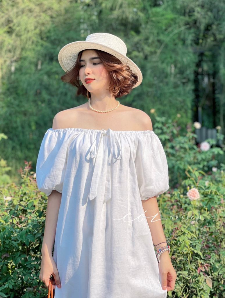 Đầm linen bẹt vai dáng suông Cói Design