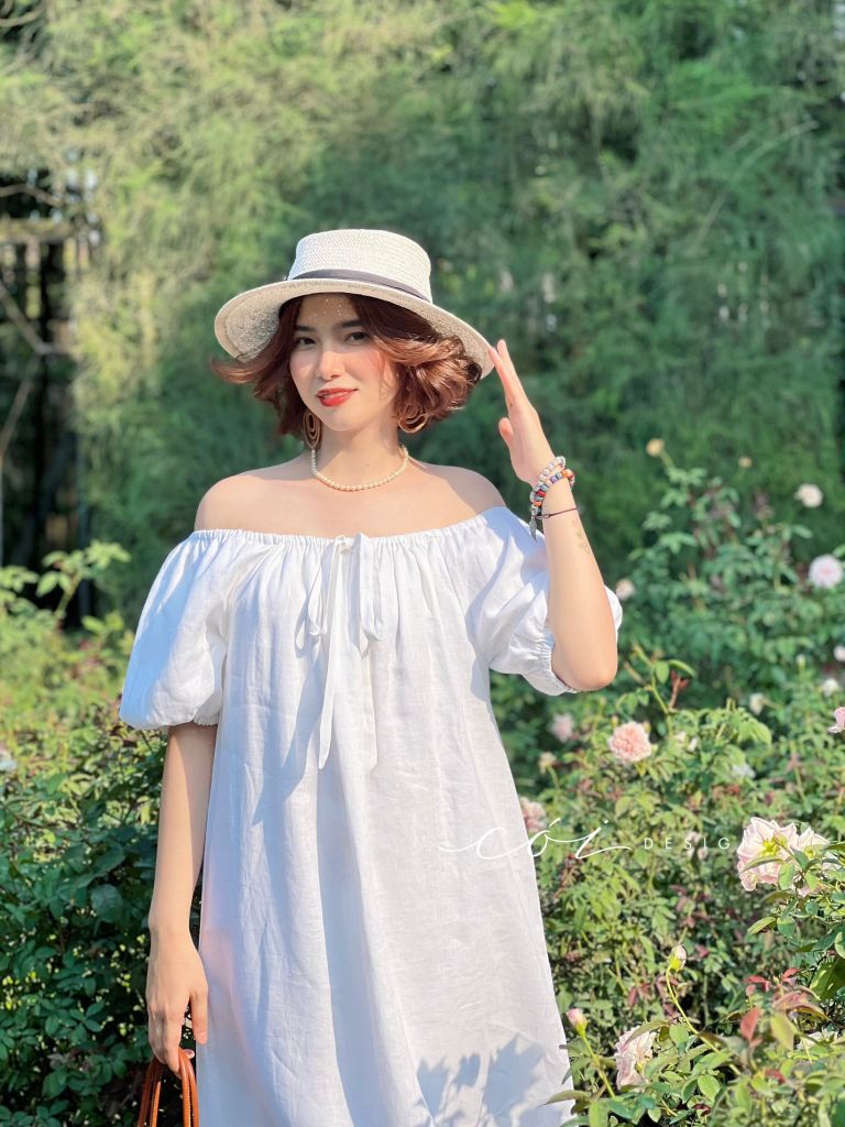 Đầm linen bẹt vai dáng suông Cói Design