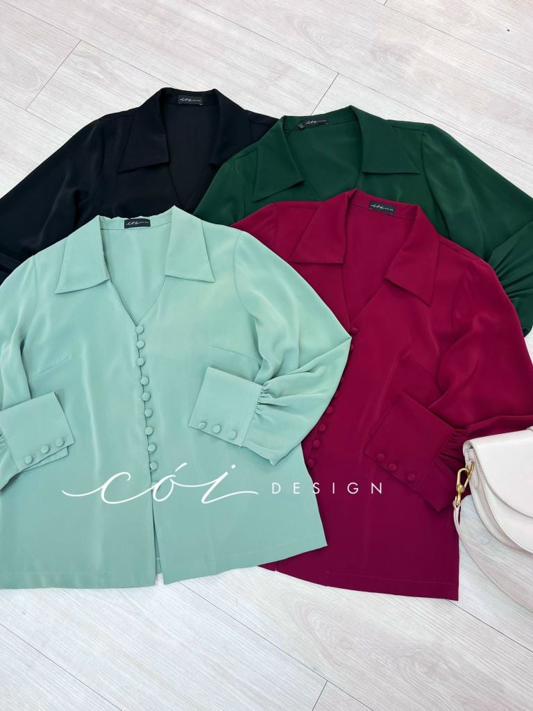 Áo lụa cổ tim tay phồng nút bọc Cói Design