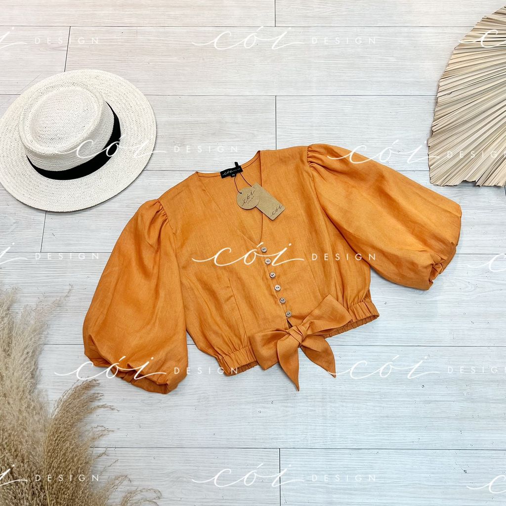 Áo croptop tay bí phối dây linen Cói Design