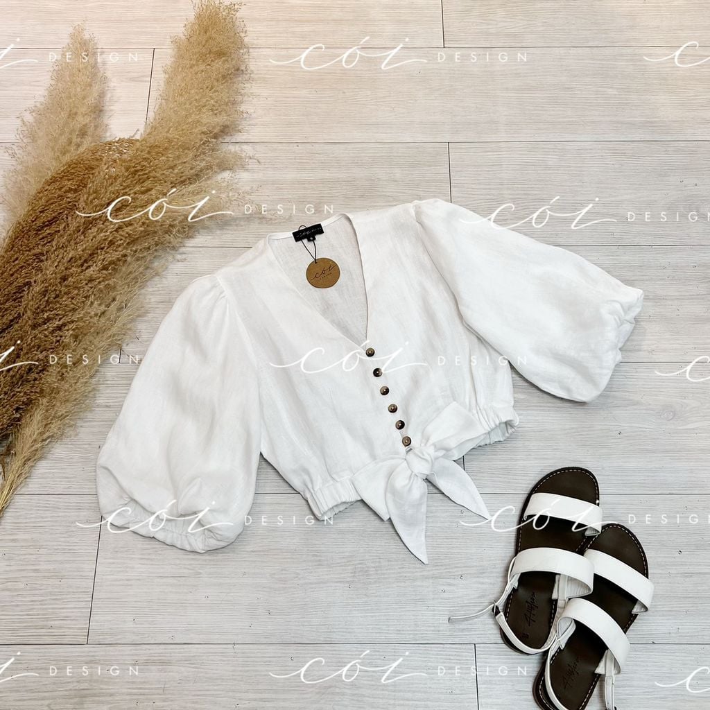 Áo croptop tay bí phối dây linen Cói Design