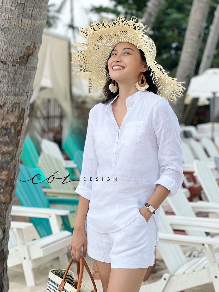 Áo cổ trụ lệch vạt tay dài Linen tưng premium Cói Design