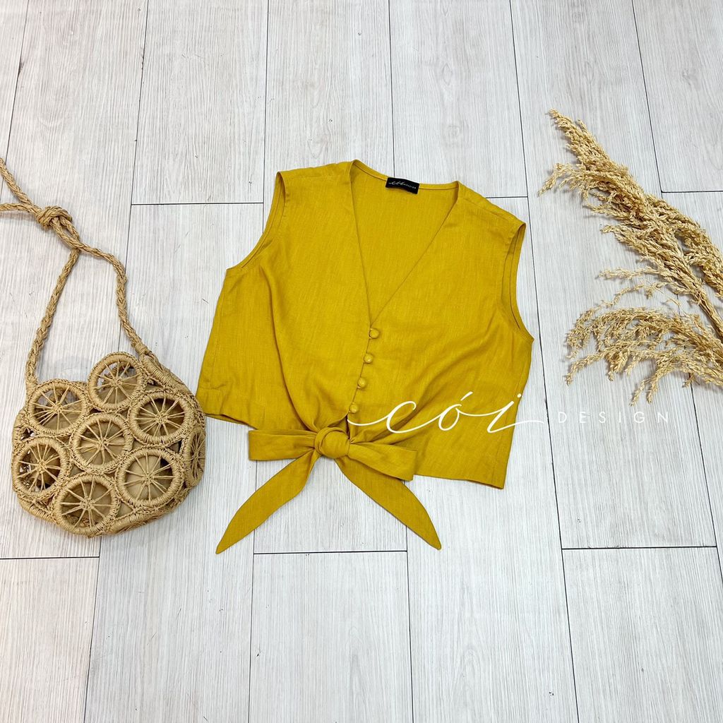 Áo sát nách nút bọc phối dây Linen tưng premium Cói Design