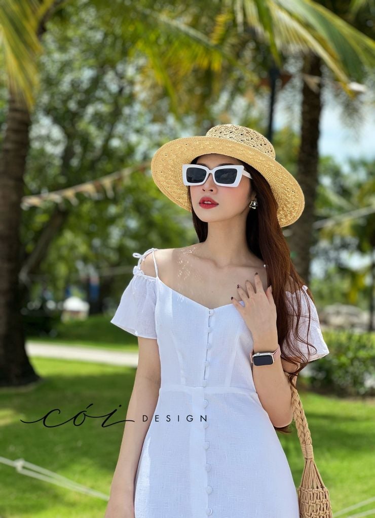 Đầm nút bọc bẹt vai Linen tưng premium Cói Design