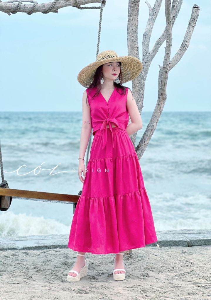 Áo sát nách nút bọc phối dây Linen tưng premium Cói Design