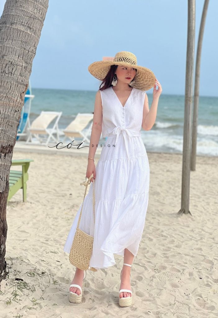 Áo sát nách nút bọc phối dây Linen tưng premium Cói Design