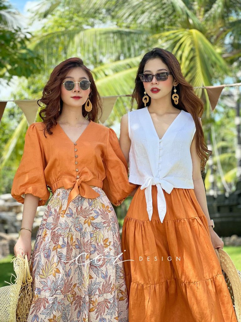 Áo sát nách nút bọc phối dây Linen tưng premium Cói Design